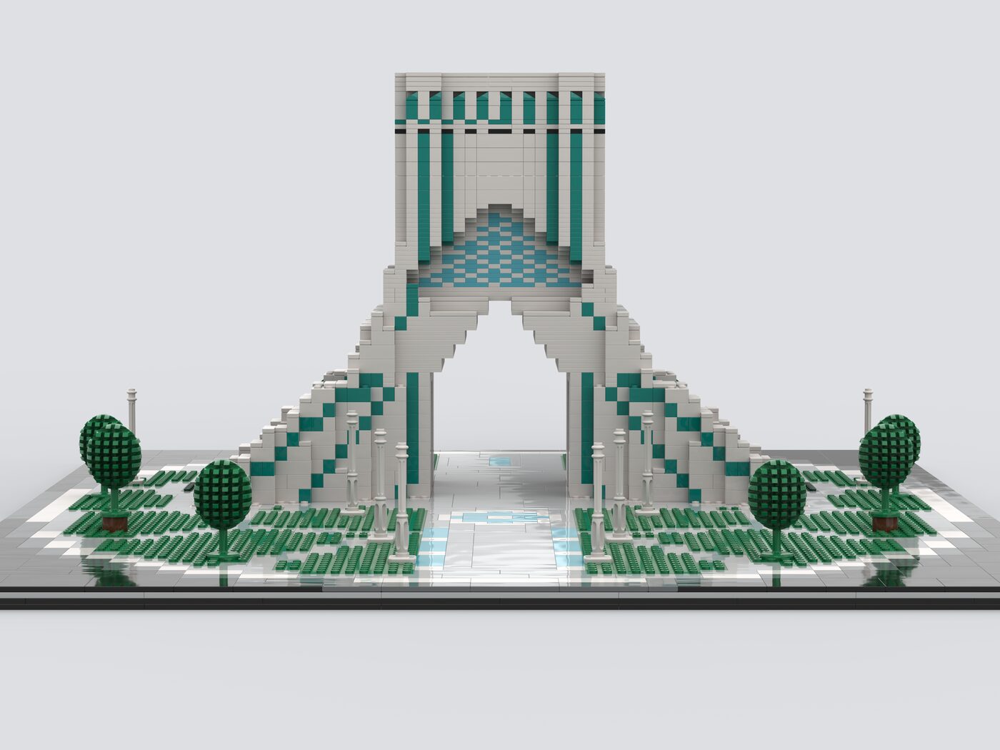 Low front view through the main arch of the tower on the square