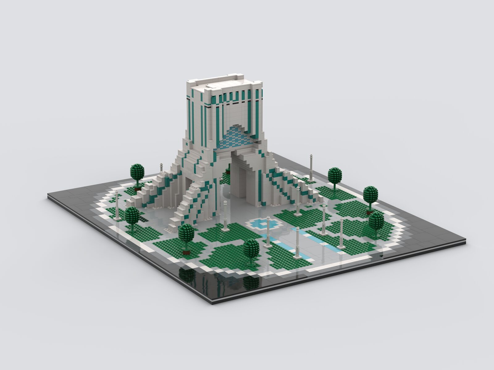 Brick model of the full Shahyad Square: the white and turquoise tower at the centre of a landscaped square with lawns, lamp posts and trees