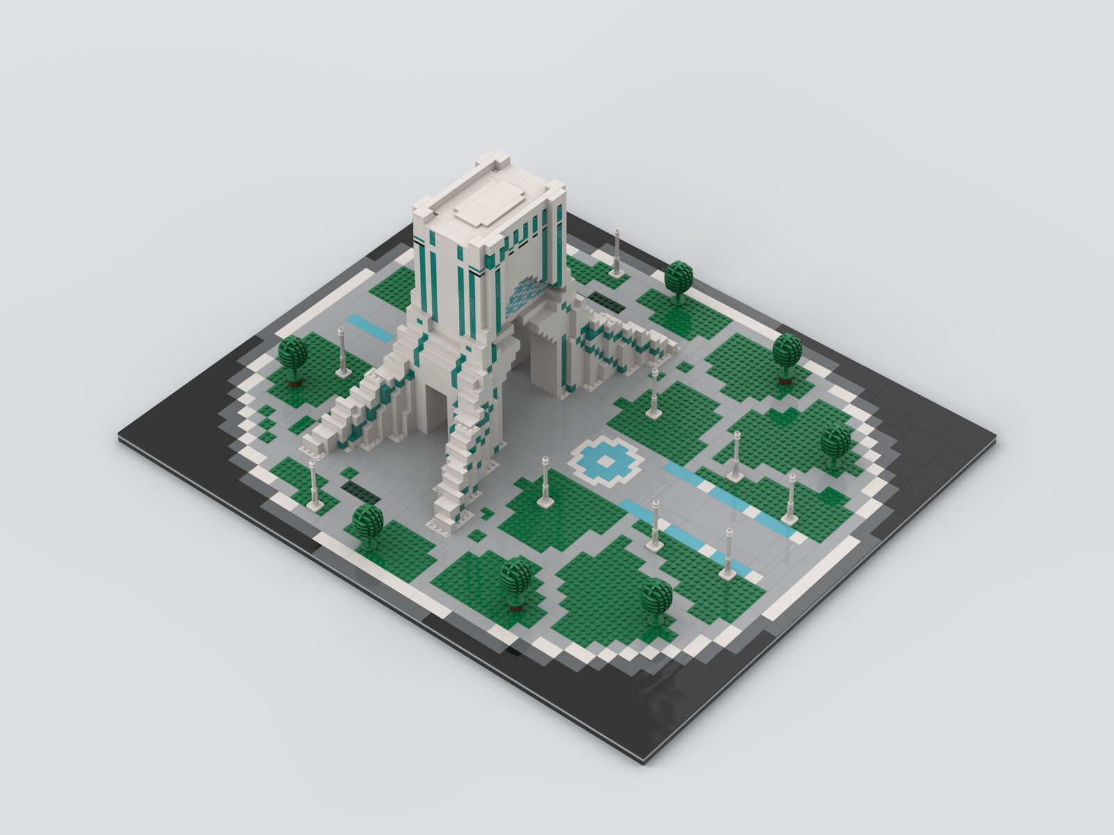 Elevated overview of the square model showing the layout of lawns and paths around the tower