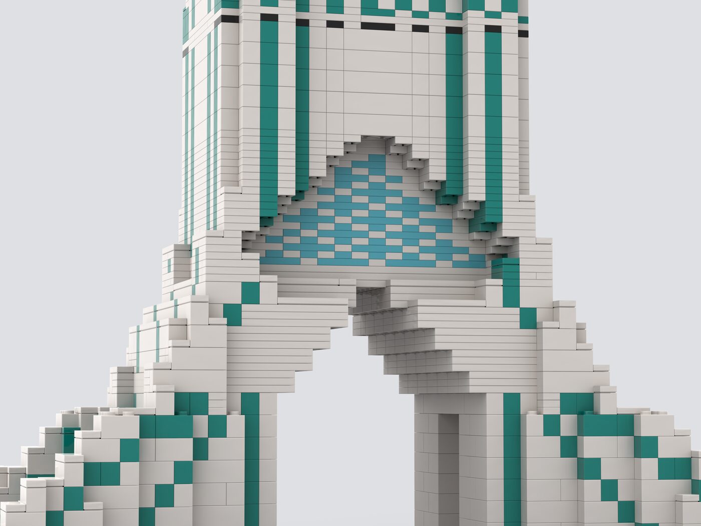 Close-up of the main vault with its light blue checkered tiling under the pointed arch