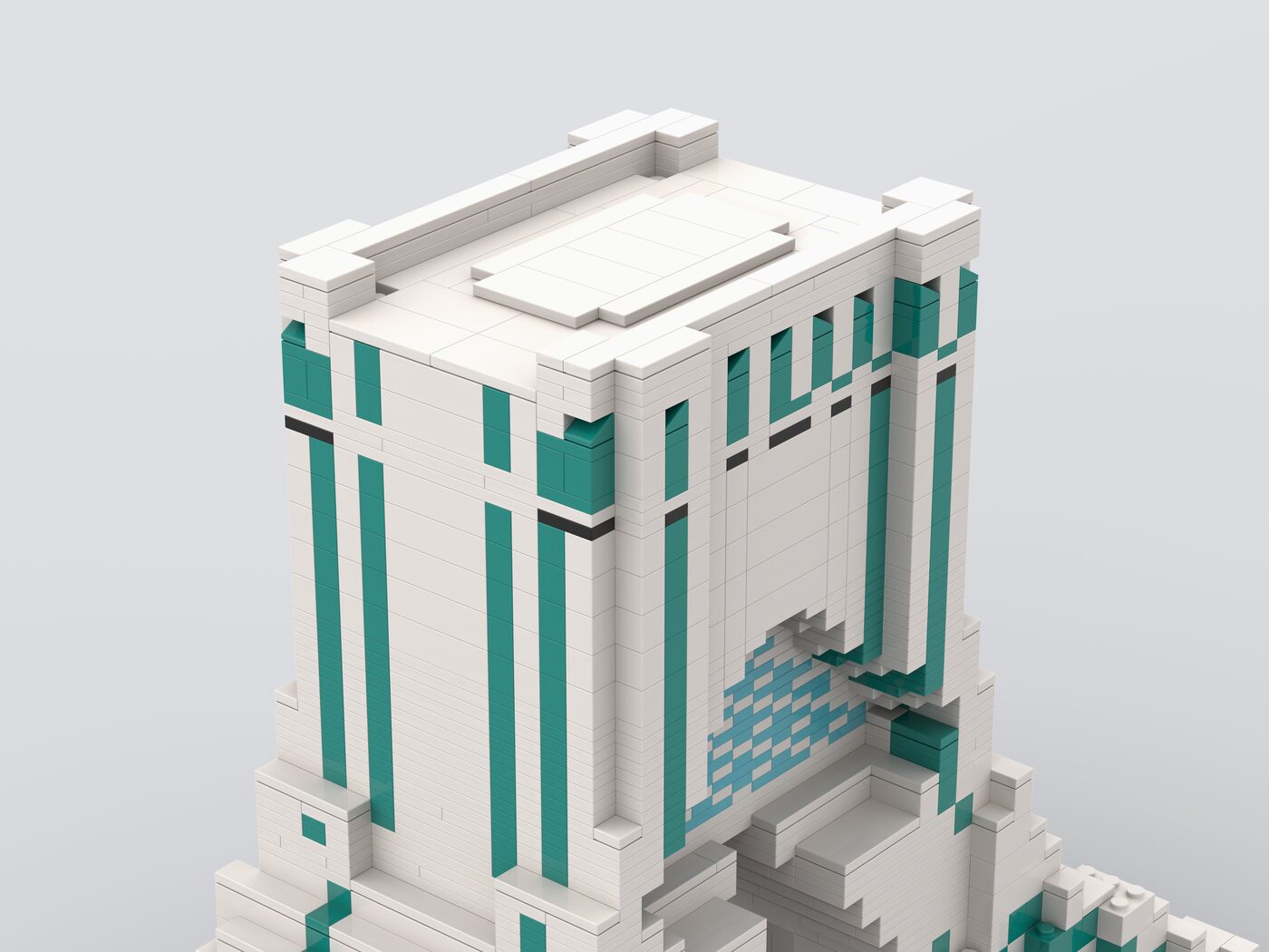 Close-up of the tower's crown with alternating white and turquoise fins