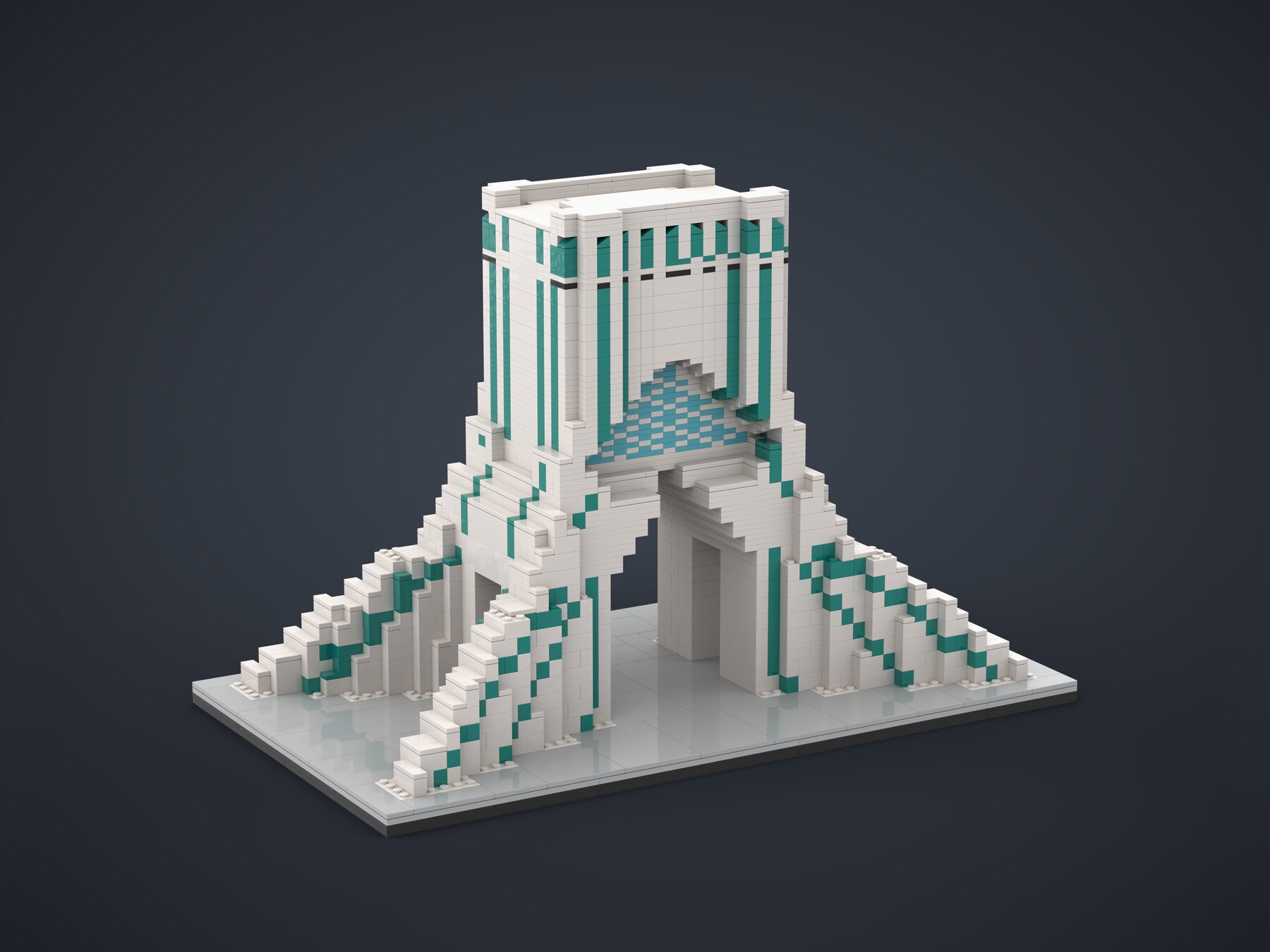 Brick model of the Shahyad (Azadi) Tower in white and turquoise, its pointed central arch glowing with light blue tilework, on a dark background