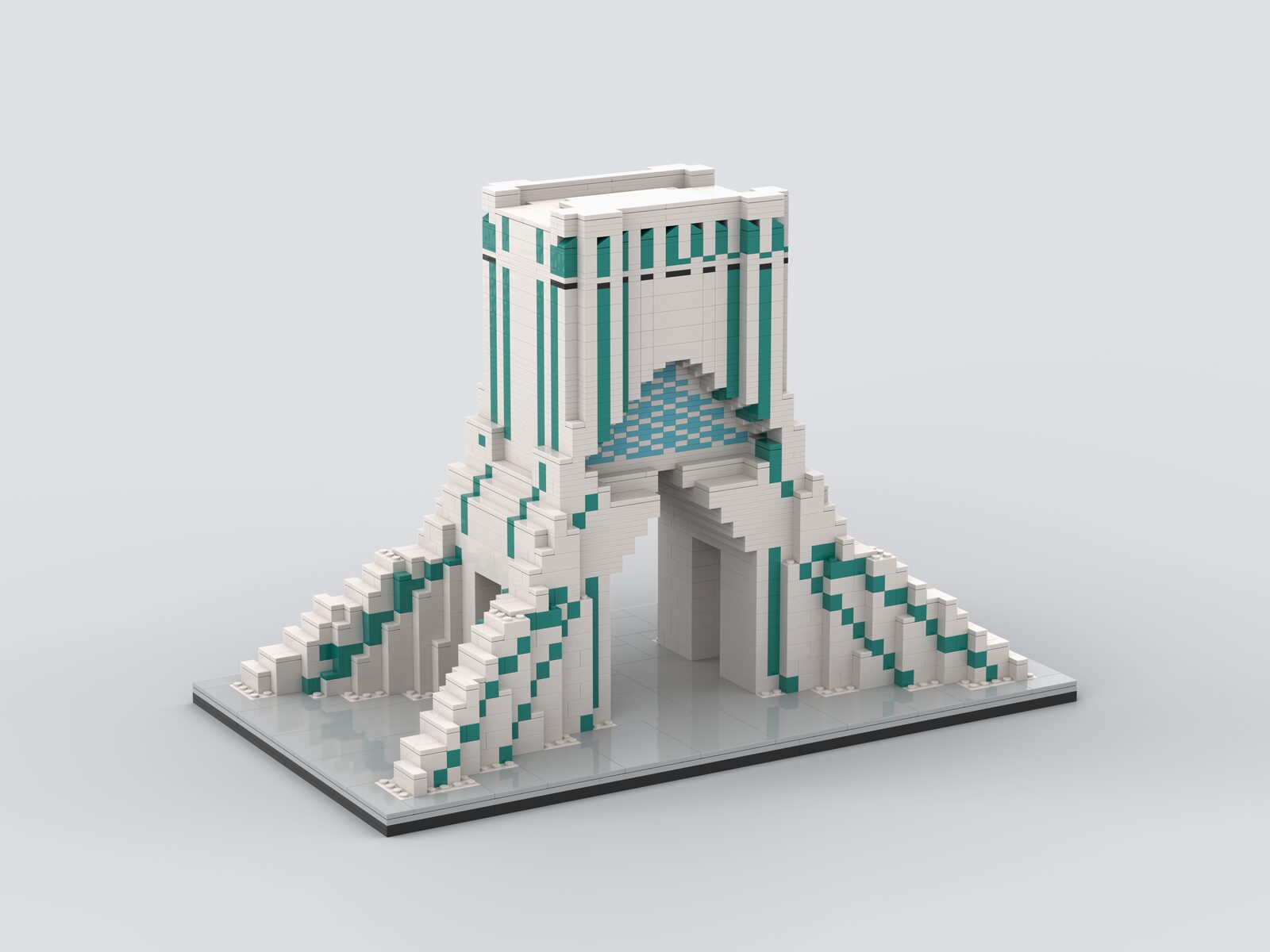 Brick model of the Shahyad Tower, white with turquoise accents, viewed from the front three-quarter angle